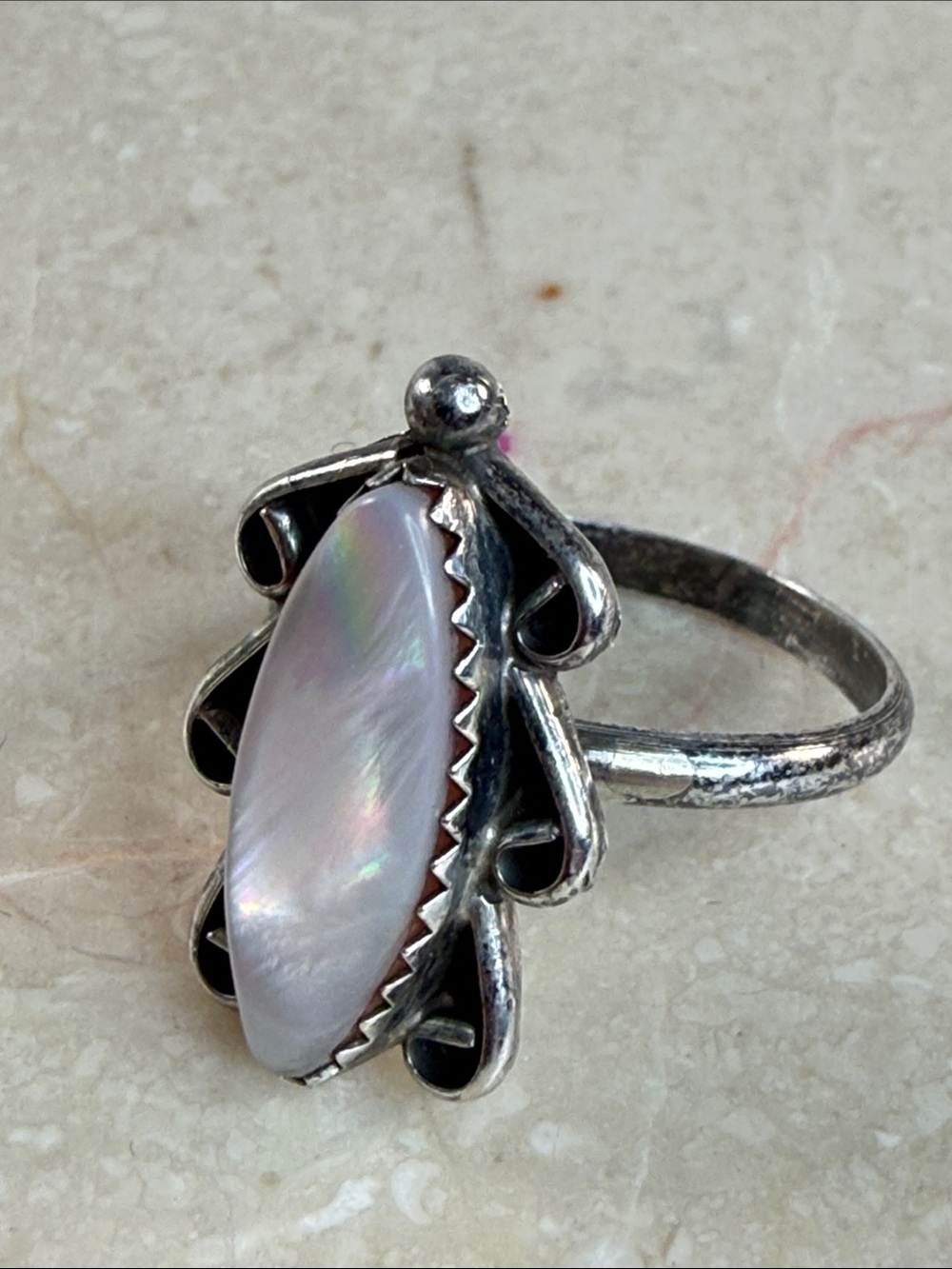 Navajo Sterling Silver Marquise Mother-of-Pearl Ring in White, Size 5